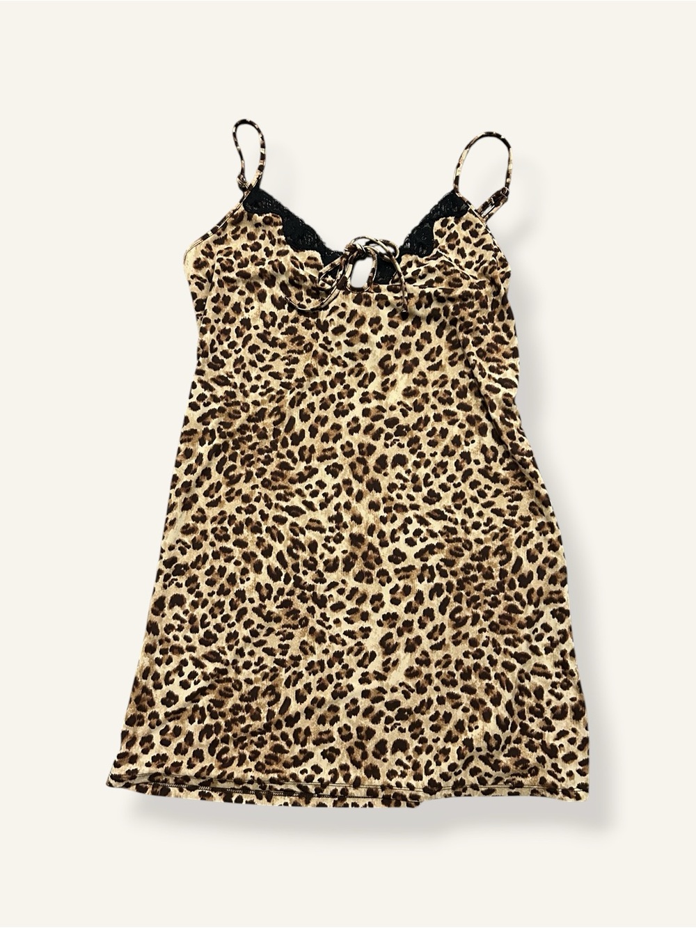 VTG Morgan Taylor Leopard Cheetah Slip Dress Black Lace Trim Mini Y2K